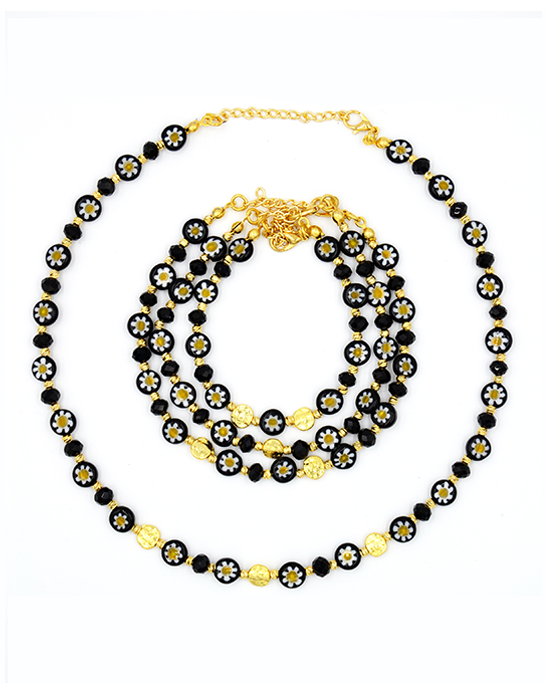 Murano Black Daisy Pattern Necklace & Bracelet Set