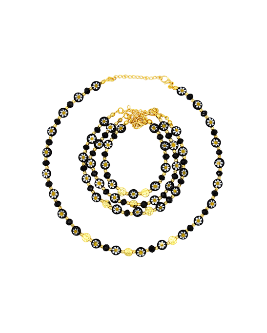 Murano Black Daisy Pattern Necklace & Bracelet Set