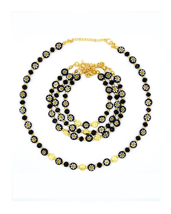 Murano Black Daisy Pattern Necklace & Bracelet Set
