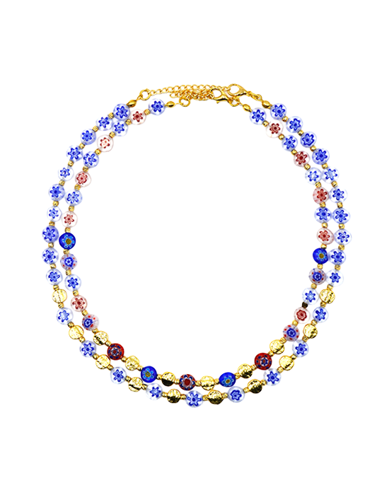 Murano Porcelain Blue Flower Double Necklace