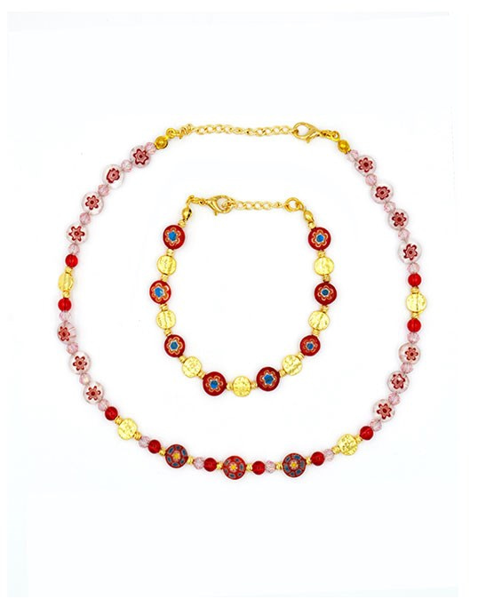 Murano Red Glass Stone Necklace & Bracelet Set