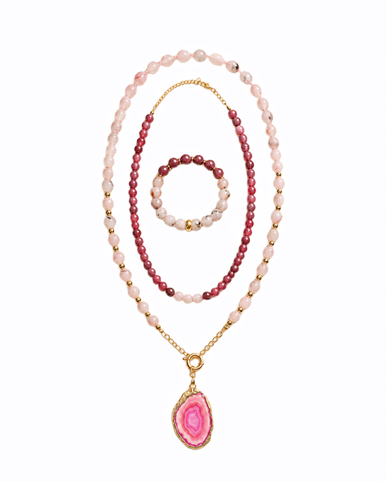 Pink Quartz & Pink Agate Pendant Necklace & Bracelet Set