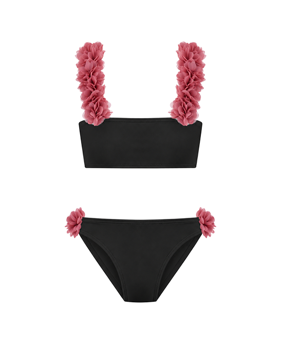 Rosa Black Kids Bikini With Pink Chiffon Flowers Straps