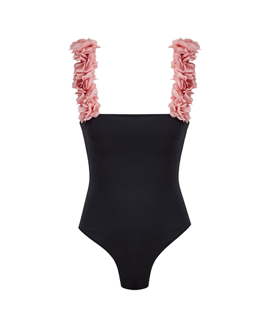 Rosa Black Swimsuit With Pink Chiffon Flowers Straps