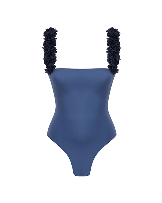 Rosa Blue Swimsuit With Navy Chiffon Flowers Straps