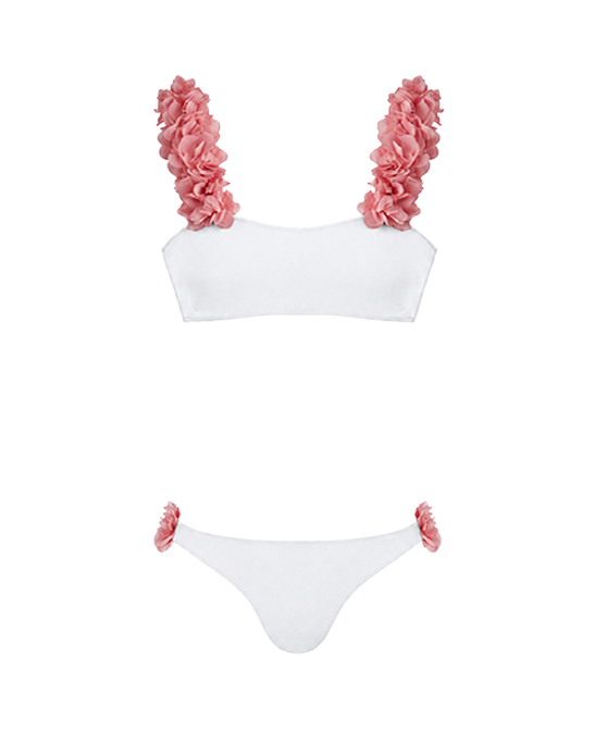 Rosa White Bikini With D.Pink Chiffon Flowers Straps | Pink