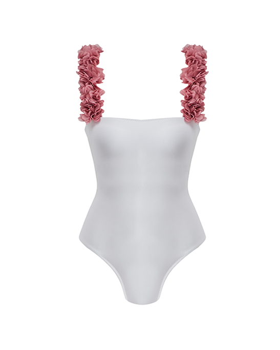 Rosa White Swimsuit With D.Pink Chiffon Flowers Straps