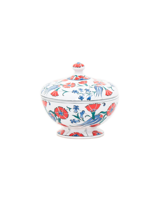Tulip and Carnation Patterned Iznik Ceramic Sugar Bowl