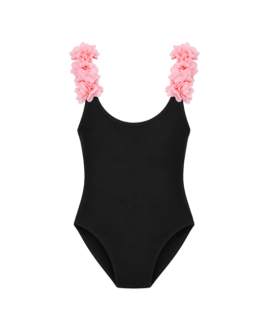 After Party Black Kids Swimsuit With Pink Chiffon Flowers Straps