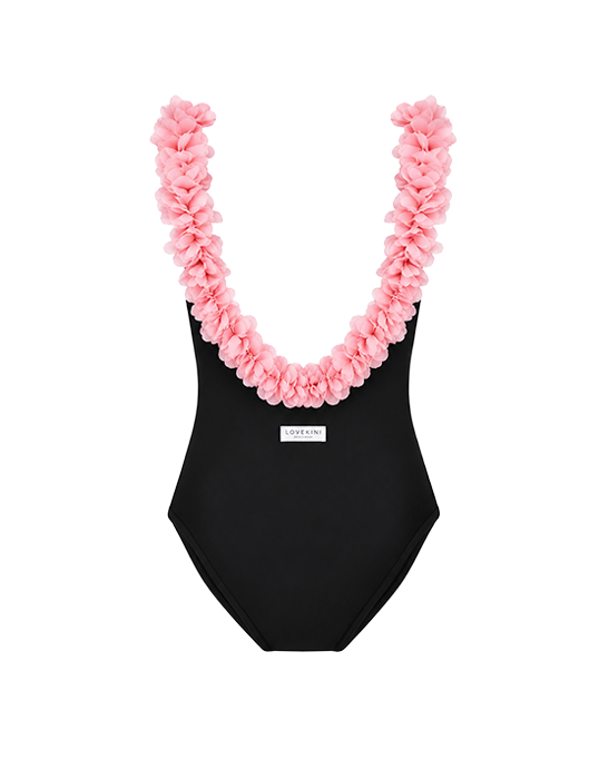 After Party Black Kids Swimsuit With Pink Chiffon Flowers Straps