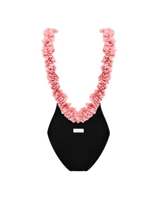 After Party Black Swimsuit With Pink Chiffon Flowers Straps