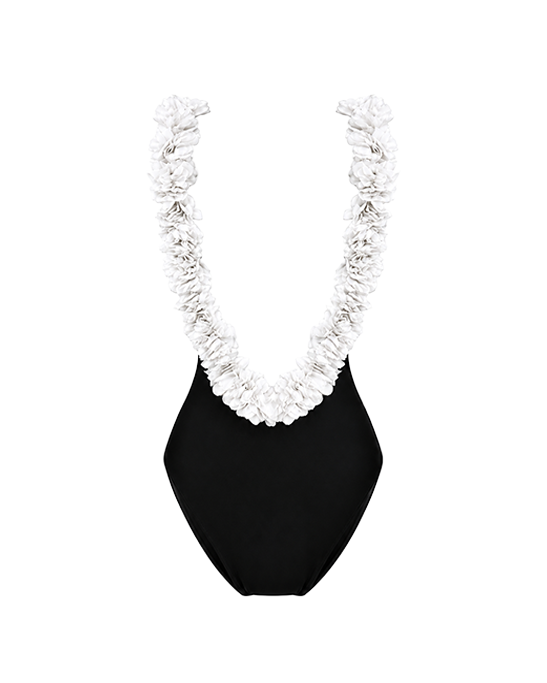 After Party Black Swimsuit With White Chiffon Flowers Straps
