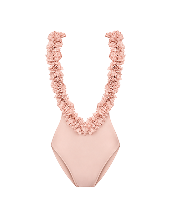 After Party Nude Swimsuit With Pink Chiffon Flowers Straps