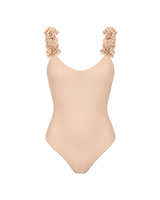 After Party Nude Swimsuit With Pink Chiffon Flowers Straps