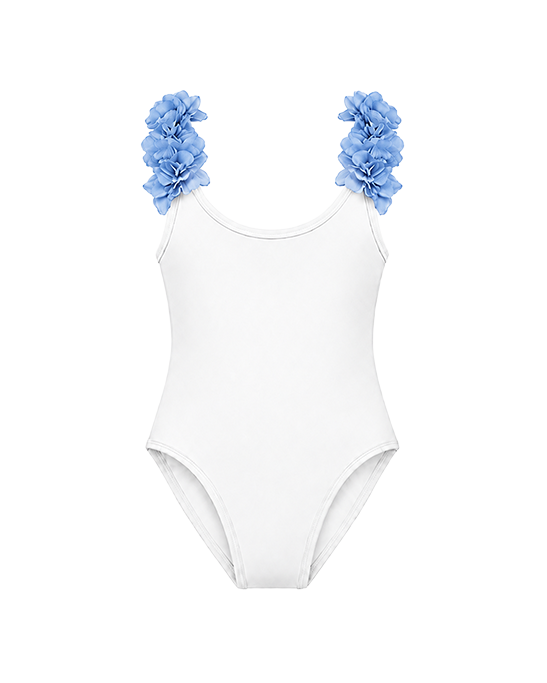 After Party White Kids Swimsuit With Blue Chiffon Flowers Straps