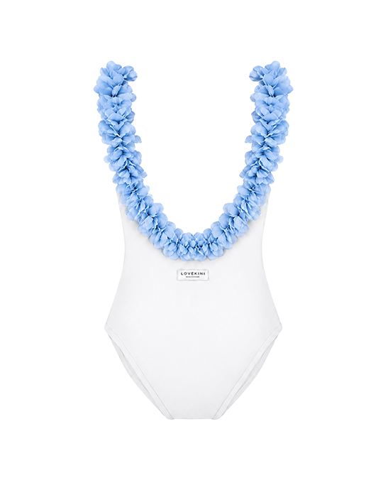 After Party White Kids Swimsuit With Blue Chiffon Flowers Straps