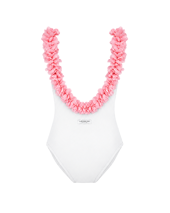 After Party White Kids Swimsuit With Pink Chiffon Flowers Straps
