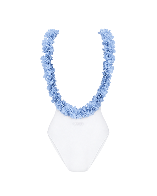 After Party White Swimsuit With Blue Chiffon Flowers Straps