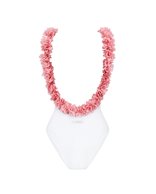 After Party White Swimsuit With Pink Chiffon Flowers Straps