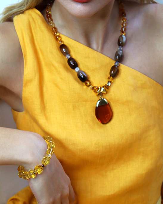 Agate Citrine Eye Necklace & Bracelet Set with Opal Stone