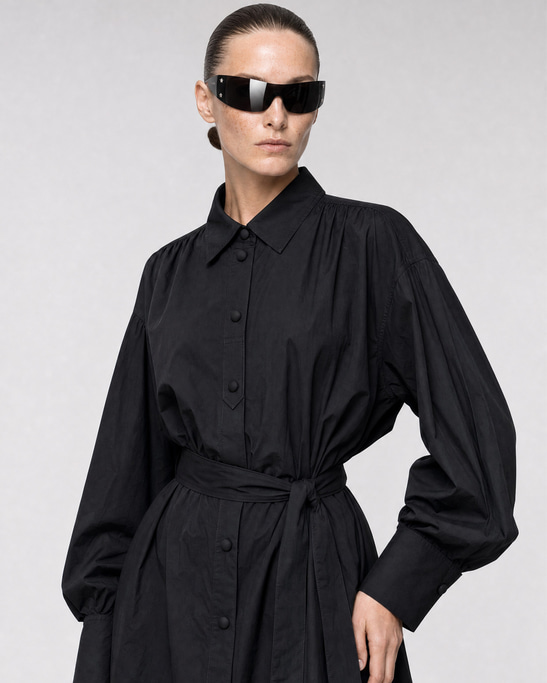 Alva Belted Midi Shirt Dress Black
