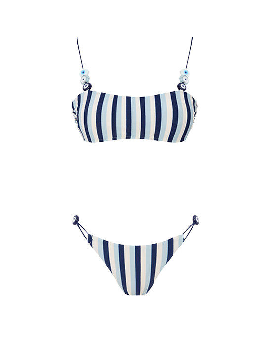 Alya Blue Stripe Bikini With Evil Eye Glass Beads Accessory
