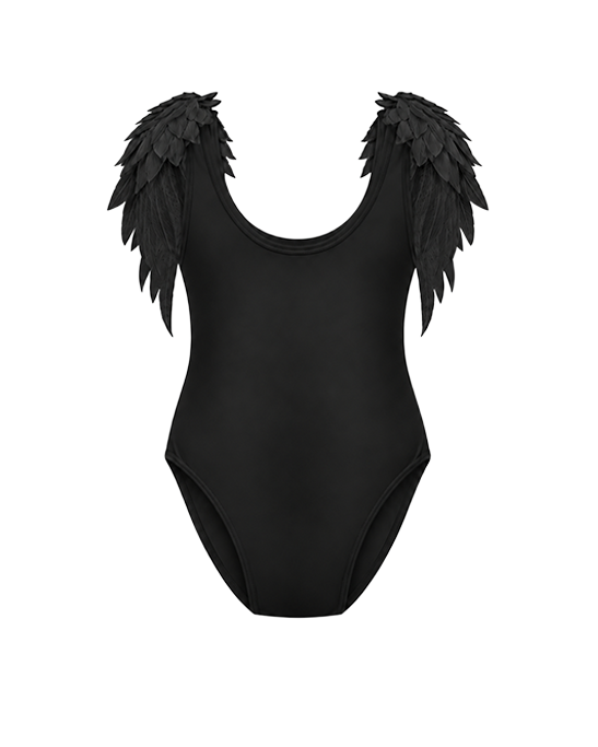Angel Black Kids Swimsuit With Black Lace Wing Details