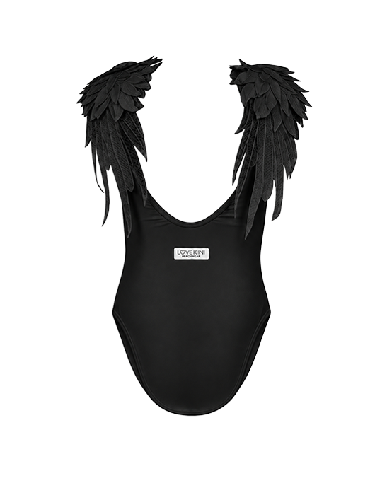 Angel Black Kids Swimsuit With Black Lace Wing Details