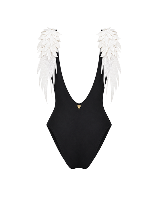 Angel Black Swimsuit With White Lace Wing Details
