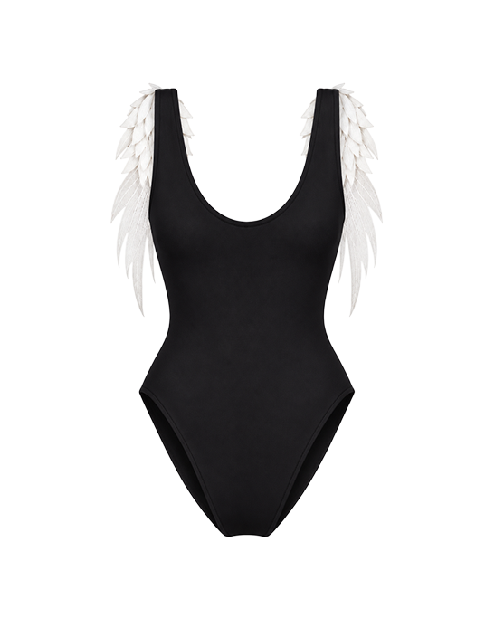 Angel Black Swimsuit With White Lace Wing Details