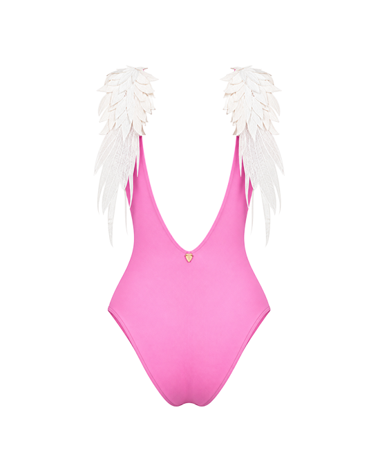 Angel Pink Swimsuit With White Lace Wing Details