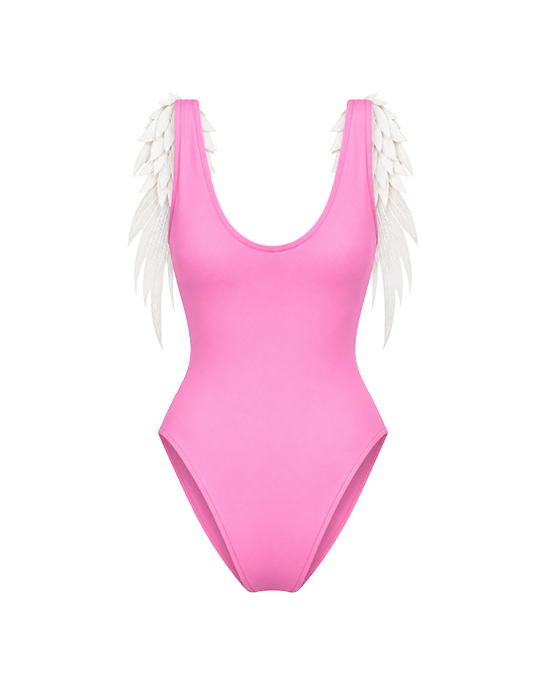 Angel Pink Swimsuit With White Lace Wing Details