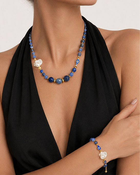 Baroque Pearl and Blue Agate Stone Necklace & Bracelet Set