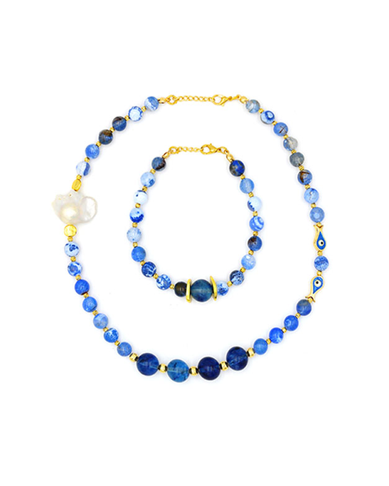Baroque Pearl and Blue Agate Stone Necklace & Bracelet Set