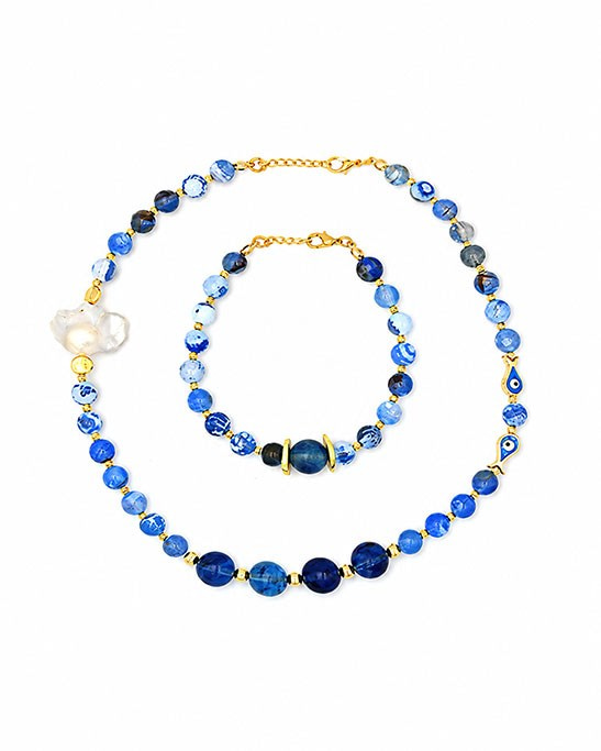 Baroque Pearl and Blue Agate Stone Necklace & Bracelet Set
