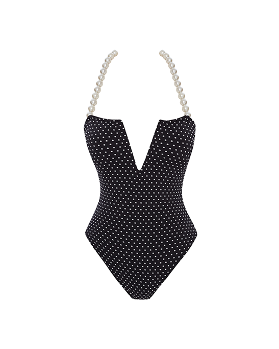 Betty Black Polka-Dot Swimsuit With Pearl Details