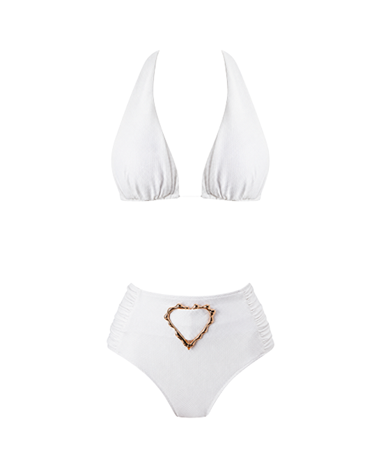 Emily White High Waist Bikini With Rose Gold Belt Buckle Accessory