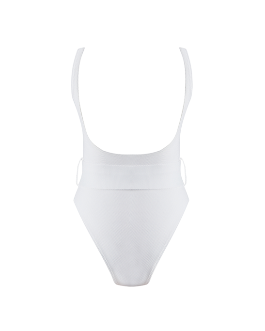 Emily White Swimsuit With Rose Gold Belt Buckle Accessory