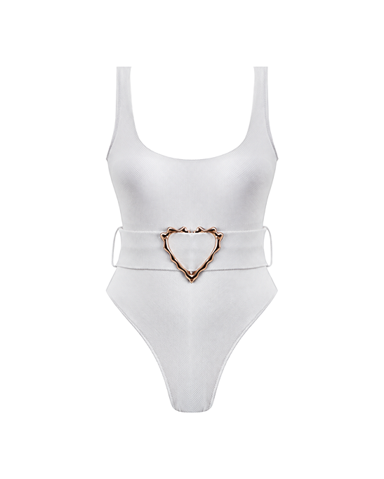 Emily White Swimsuit With Rose Gold Belt Buckle Accessory