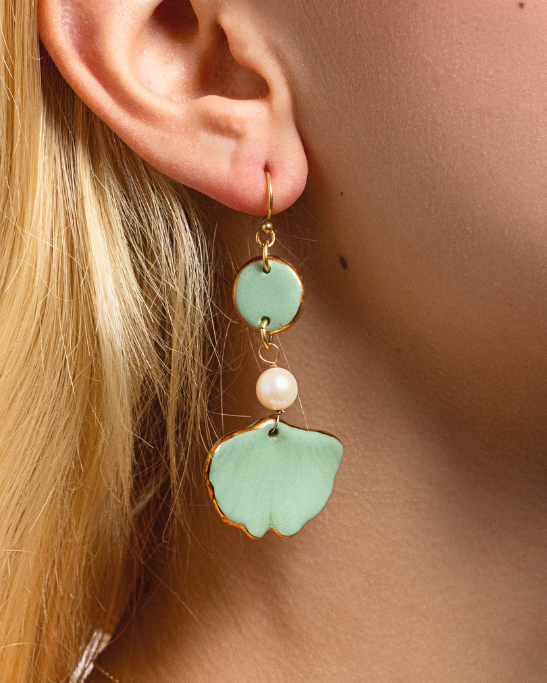 Gingko Pearl Earrings - Sage