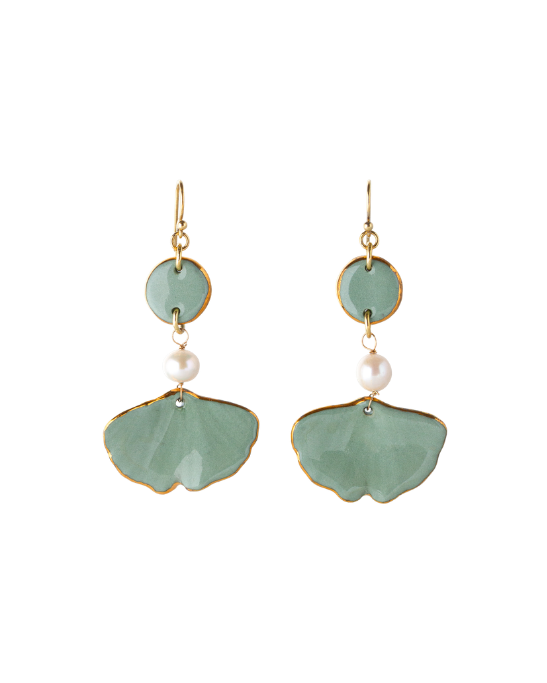 Gingko Pearl Earrings - Sage