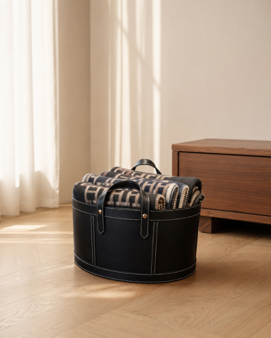 Handmade Genuine Leather Blanket Storage Basket