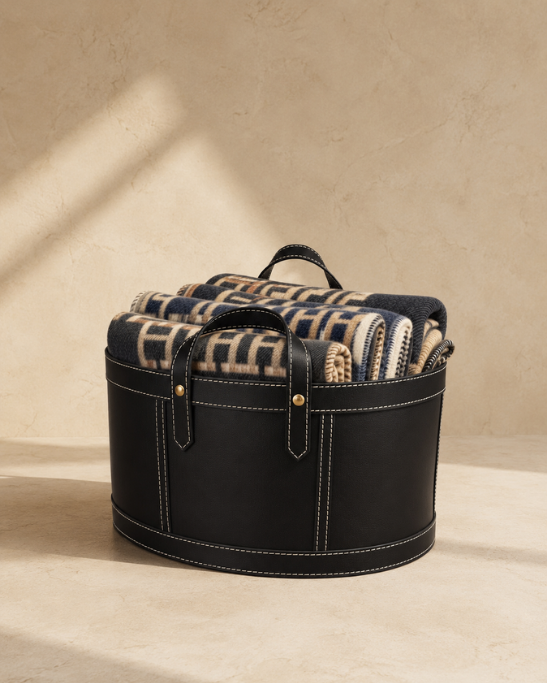Handmade Genuine Leather Blanket Storage Basket