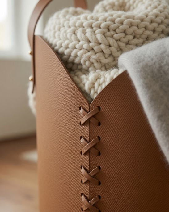 Handmade Genuine Leather Round Blanket Basket