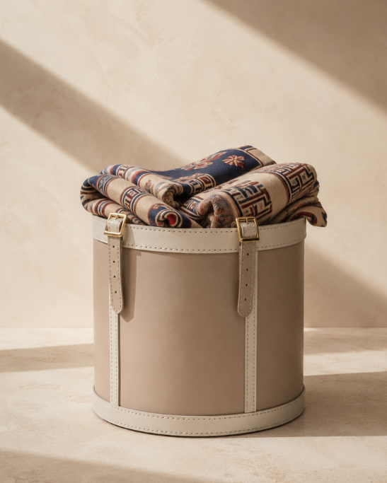 Handmade Genuine Leather Round Storage Basket