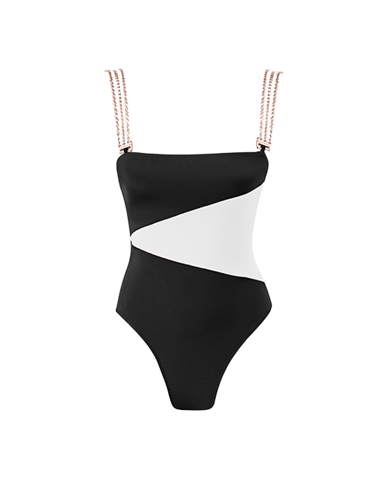 Jane Black & White Swimsuit With Rose Gold Chain Straps