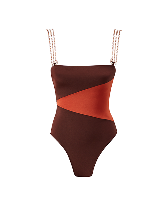 Jane Brown Orange Swimsuit With Rose Gold Chain Straps