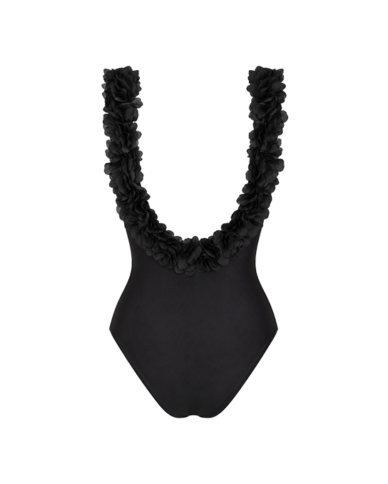 Juliet Black Swimsuit With Black Chiffon Flowers Details