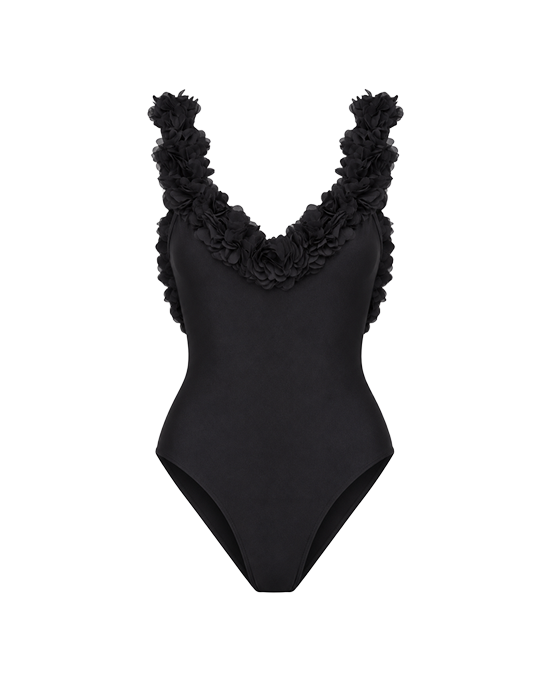 Juliet Black Swimsuit With Black Chiffon Flowers Details