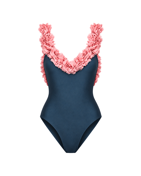 Juliet Grey Swimsuit With Pink Chiffon Flowers Straps